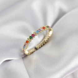 Mey İthalat® Sıralı Karışık Renkli Gold Renk Zirkon Taşlı Kadın Yüzük