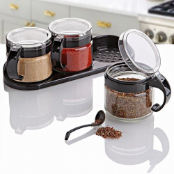 Mey İthalat®  Siyah 3lü Standlı Kapaklı Kaşıklı Cam Hava Sızdırmaz Baharatlık Takımı KC-386