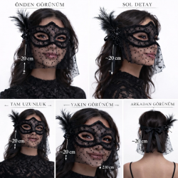 Mey İthalat® Siyah Dantel Tüllü Peçeli Parti Maskesi - Tüylü İnci Detaylı