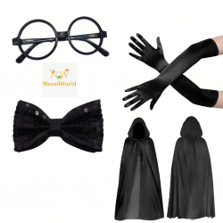 Mey İthalat® Siyah Kapüşonlu Büyücü ve Cadı Pelerin Kostüm Seti (4 Parça)