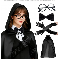 Mey İthalat® Siyah Kapüşonlu Büyücü ve Cadı Pelerin Kostüm Seti (4 Parça)