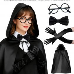 Mey İthalat® Siyah Kapüşonlu Büyücü ve Cadı Pelerin Kostüm Seti (4 Parça)