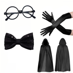 Mey İthalat® Siyah Kapüşonlu Büyücü ve Cadı Pelerin Kostüm Seti (4 Parça)