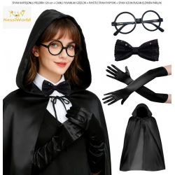 Mey İthalat® Siyah Kapüşonlu Büyücü ve Cadı Pelerin Kostüm Seti (4 Parça)