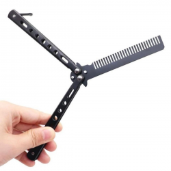 Mey İthalat®  Siyah Katlanabilir Paslanmaz Çelik Kelebek Bıçak Tarak Sakal Bıyık Fırçası Profesyonel Saç Kesimi İçin Tarak