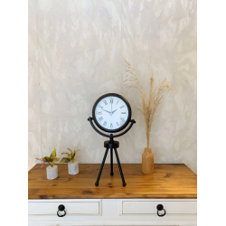 Mey İthalat® Siyah Metal Mini Tripod Roma Rakamlı Masa Saati 45×26 cm