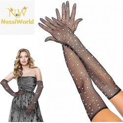 Mey İthalat® Siyah Renk İncili Elmas İşlemeli File Örgü Uzun Eldiven 45 cm