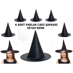 Mey İthalat® Siyah Renk Parlak Dralon Cadı Şapkası Yetişkin ve Çocuk Uyumlu 6 Adet