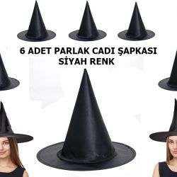 Mey İthalat® Siyah Renk Parlak Dralon Cadı Şapkası Yetişkin ve Çocuk Uyumlu 6 Adet