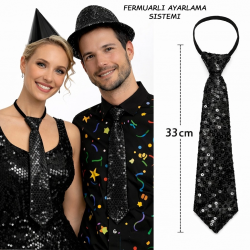 Mey İthalat® Siyah Renk Pul Payetli Işıltılı Parti Kravatı 33 cm