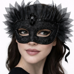 Mey İthalat® Siyah Taşlı Venedik Maskesi Lüks Tüllü Parti Maskesi