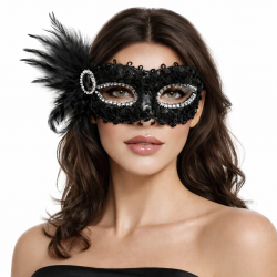 Mey İthalat® Siyah Taşlı Venedik Parti Maskesi – Tüylü Payetli