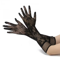 Mey İthalat® Siyah Uzun Gül Desenli Dantel Kadın Eldiveni