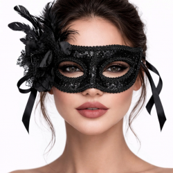 Mey İthalat® Siyah Venedik Parti Maskesi – Çiçekli Tüylü Payetli