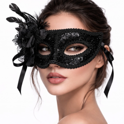 Mey İthalat® Siyah Venedik Parti Maskesi – Çiçekli Tüylü Payetli