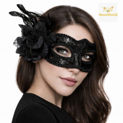 Mey İthalat® Siyah Venedik Parti Maskesi – Çiçekli Tüylü Payetli