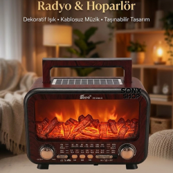 Mey İthalat® Şömine Alev Efektli  Bluetooth Hoparlör Radyo – Güneş Enerjili
