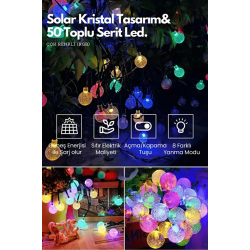 Mey İthalat®  10 Metre 50 Top Güneş Enerjili Solar Led Işık Dekoratif Rgb