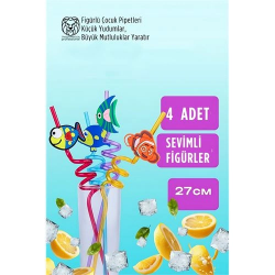 Mey İthalat® Spiralli Figürlü Lüks Çocuk Pipet Seti - 27cm Eğlenceli Karakterli 4'lü Özel Seri