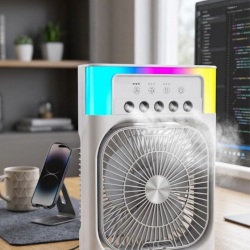 Mey İthalat® Su Püskürtmeli Mini Klima Fan USB Şarjlı Masaüstü Soğutucu RGB Işıklı