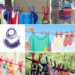 Mey İthalat®  Taşınabilir Seyahat Çamaşır İpi 12 Mandallı Klipsli Lastikli Çamaşır Mandalları