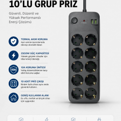 Mey İthalat® Termal Akım Korumalı USB Type-C Girişli 10'lu Grup Priz 2500W Güç Kapasitesi