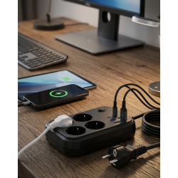Mey İthalat® Termal Korumalı Uzatma Kablosu 4 Priz USB ve Type C Çoklu Şarj İstasyonu