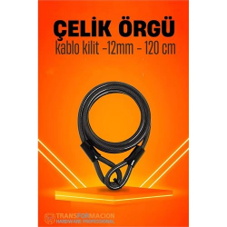 Mey İthalat® Transformacion Çelik Örgü Kablo Kilit 12mm 120 cm Bisiklet Kilidi Motosiklet Kilidi Eşya Garaj Kilidi 721730