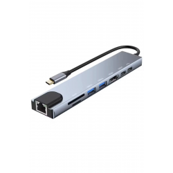 Mey İthalat® Type-C Çoklu Dönüştürücü – 87W PD, HDMI, 2x USB 3.0, RJ45, SD/TF Kart Girişli Hub