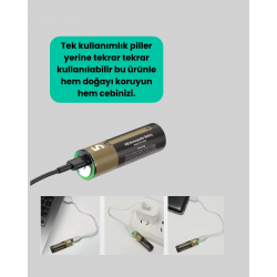 Mey İthalat® Type-C USB ile Hızlı Şarj Edilebilir AA Kalem Pil | 1.5V Lityum | Çiftli Paket