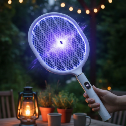 Mey İthalat®  USB Şarjlı Beyaz Renk Kendiliğinden Standlı Şarj Göstergeli UV Işıklı Sinek Öldürme Raketi LTD-718