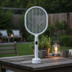 Mey İthalat®  USB Şarjlı Beyaz Renk Kendiliğinden Standlı Şarj Göstergeli UV Işıklı Sinek Öldürme Raketi LTD-718