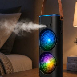Mey İthalat® USB Şarjlı Çift Başlıklı Buharlı Masaüstü Fan Sessiz Serinletici Işıklı Fan