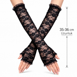 Mey İthalat® Uzun Zarif Dantel Eldiven Parmaksız Siyah 35 cm