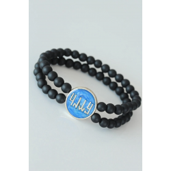 Mey İthalat® Vav Figürlü Lacivert Metal Aksesuarlı Çift Sıra Oniks Doğal Taş Erkek Bileklik