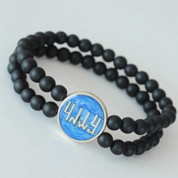 Mey İthalat® Vav Figürlü Lacivert Metal Aksesuarlı Çift Sıra Oniks Doğal Taş Erkek Bileklik