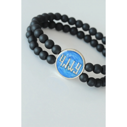 Mey İthalat® Vav Figürlü Lacivert Metal Aksesuarlı Çift Sıra Oniks Doğal Taş Erkek Bileklik