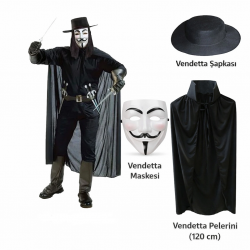 Mey İthalat® Vendetta Kostüm Seti – Şapka Maske Pelerin (120 cm)