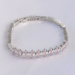 Mey İthalat® Vip Seri Pirinç Pembe Zirkon Taşlı Gümüş Renk Baget Model Bileklik