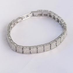 Mey İthalat® Vip Seri Pirinç Zirkon Taşlı Gümüş Renk Kare Su Yolu Model Bileklik