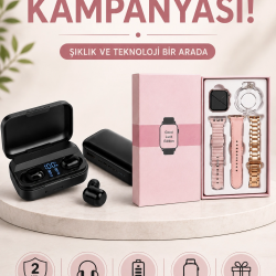 Mey İthalat® Wireless Şarjlı Pembe Akıllı Saat ve Kablosuz Bluetooth Kulaklık Dokunmatik Kontrol