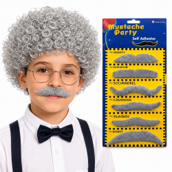 Mey İthalat® Yaşlı Kıvırcık Gri Peruk ve 6'lı Gri Bıyık Seti