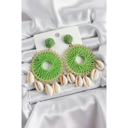 Mey İthalat® Yeşil Hasır Örgü Sarmal Model Sallantılı Deniz Kabuğu Detaylı Gold Renk Kadın Küpe