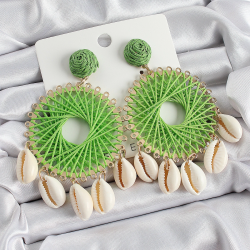 Mey İthalat® Yeşil Hasır Örgü Sarmal Model Sallantılı Deniz Kabuğu Detaylı Gold Renk Kadın Küpe