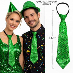 Mey İthalat® Yeşil Renk Pul Payetli Işıltılı Parti Kravatı 33 cm