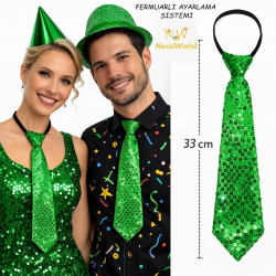 Mey İthalat® Yeşil Renk Pul Payetli Işıltılı Parti Kravatı 33 cm