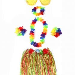 Mey İthalat® Yetişkin ve Çocuk Uyumlu Luau Aloha Hawaii Rengarenk 40 cm Etek Ananas Şekilli Gözlük Hawaii Kolye Renkli Taç ve 2 Adet Bileklik Seti