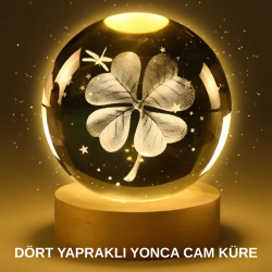 Mey İthalat® Yonca Bitki Figürlü LED Işıklı Cam Küre USB Ahşap Standlı Gece Lambası