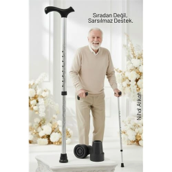 Mey İthalat® Yükseklik Ayarlanabilir GRİ  Metal Baston - 7 Kademe Ayarlı Ergonomik Denge Desteği + 2 Yedek Uç 716433
