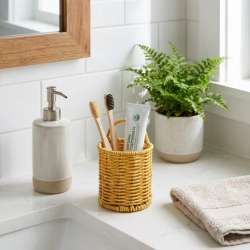 Mey İthalat®  Yuvarlak Hasır Dokulu Plastik Rattan Kaşıklık & Çatallık – Askılı Kendiliğinden Tutmalı Çok Amaçlı Mutfak Organizeri